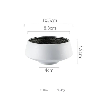 White ceramic bowl with speckled black interior 10.5cm diameter 4.9cm tall holding 180ml in decorbites ice cracked glaze dinnerware set