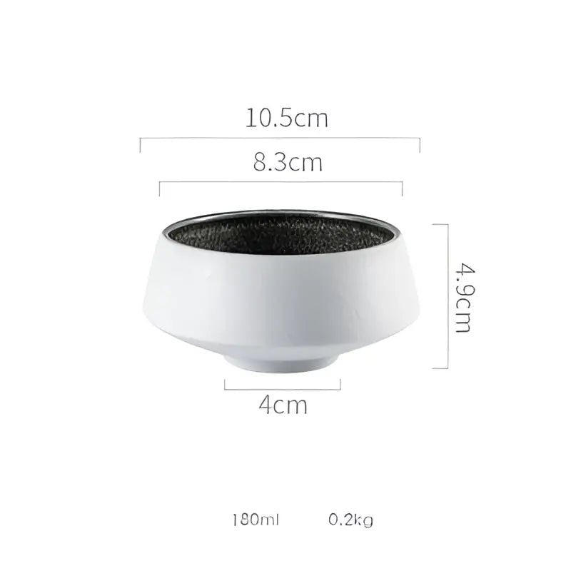 White ceramic bowl with speckled black interior 10.5cm diameter 4.9cm tall holding 180ml in decorbites ice cracked glaze dinnerware set