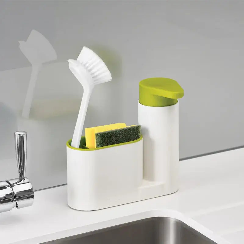 White and lime green kitchen sink organizer with built-in soap dispenser ideal for shampoo soap and bathroom use