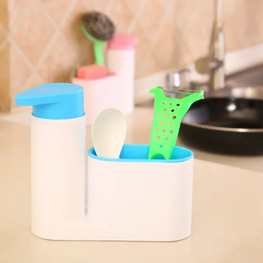 White and blue plastic kitchen utensil organizer with built-in soap dispenser for shampoo soap dispenser use
