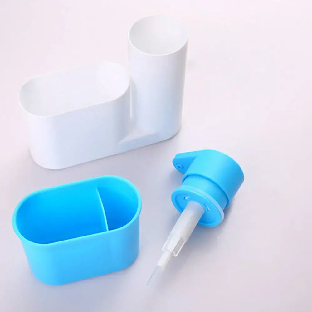 Blue plastic soap dispenser with white pump and clear nozzle for bathroom shampoo soap in white and lime green organizer