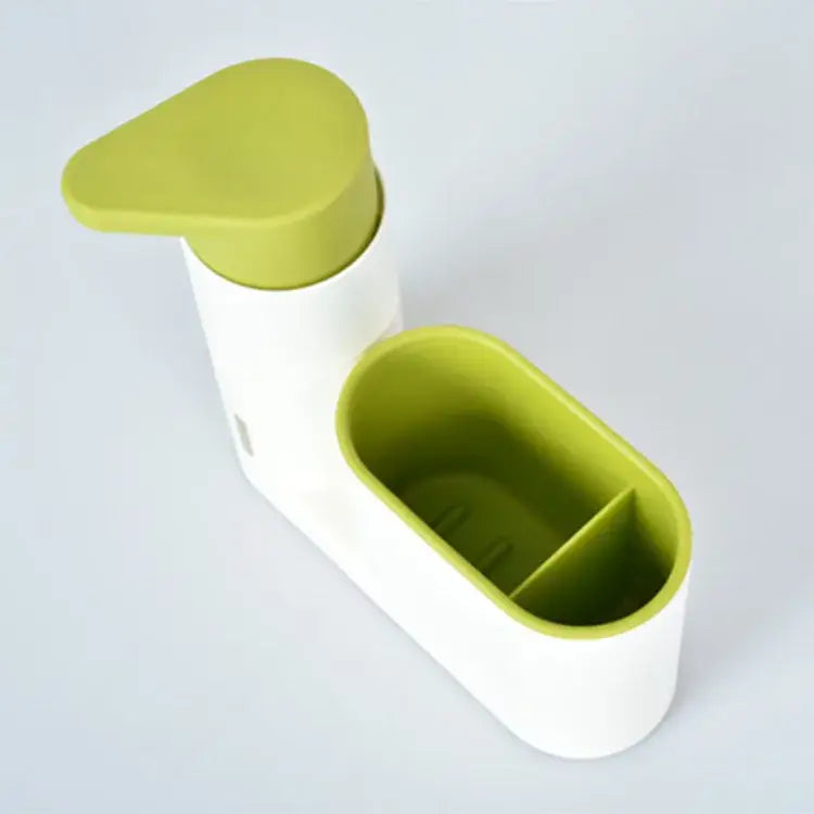 White and lime green dual-compartment soap dispenser with sleek modern design for kitchen sink or bathroom shampoo soap use