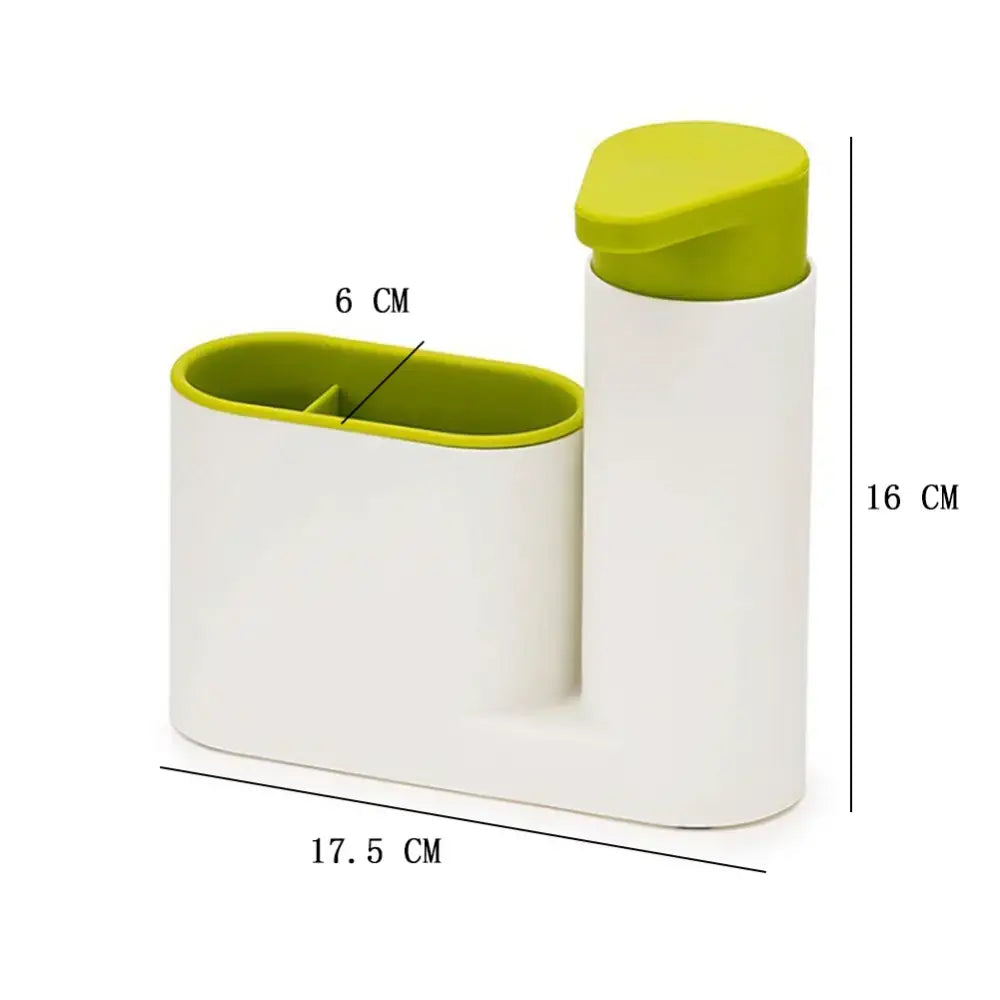 White and lime green plastic kitchen sink organizer with built-in soap dispenser for shampoo soap bathroom use