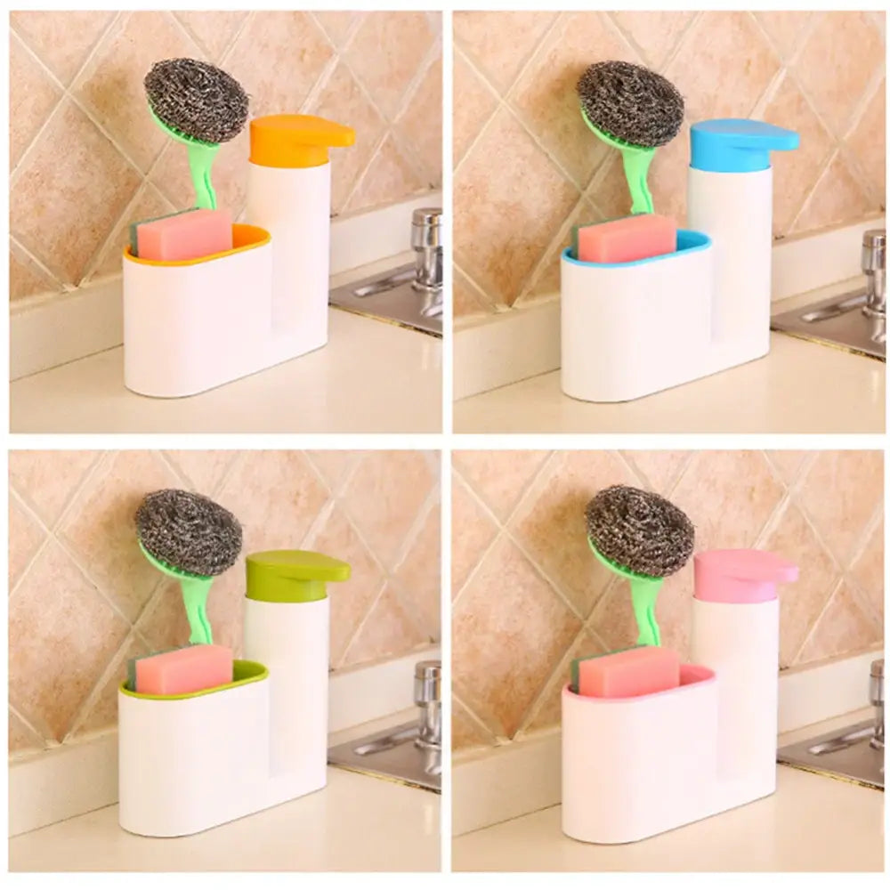 White and lime green plastic soap dispenser kitchen sink organizer with colorful pump caps for bathroom shampoo soap use