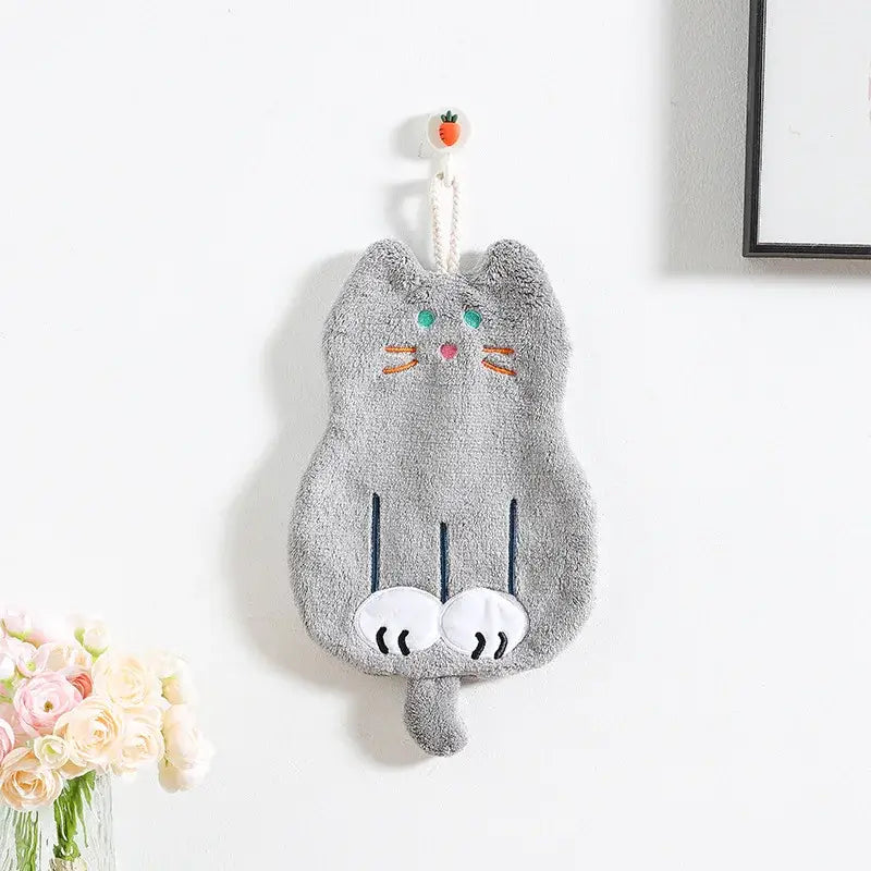 Gray coral plush cat hand towel with embroidered green eyes and white paws for decorbites coral plush bathroom decor