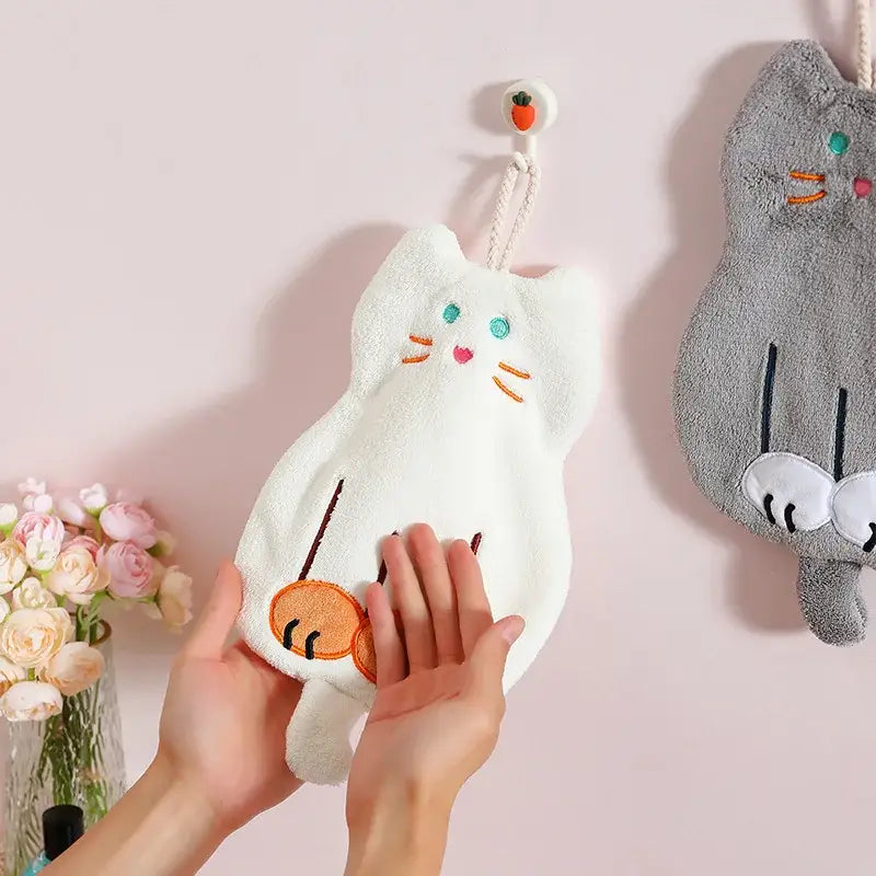White and orange coral plush cat hand towel with embroidered blue eyes and carrot design for bathroom decorbites coral plush decor