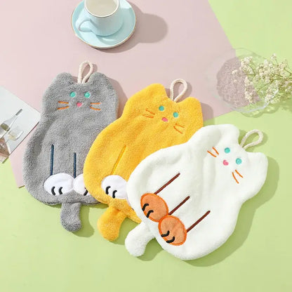 Three plush coral plush cat hand towels in gray yellow and white with embroidered faces for bathroom decorbites coral plush decor