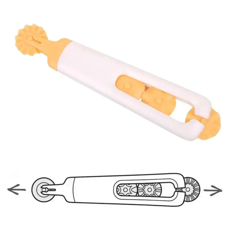 White and orange decorbites dough roller cutter with yellow and white plastic flower-shaped pastry rolling head