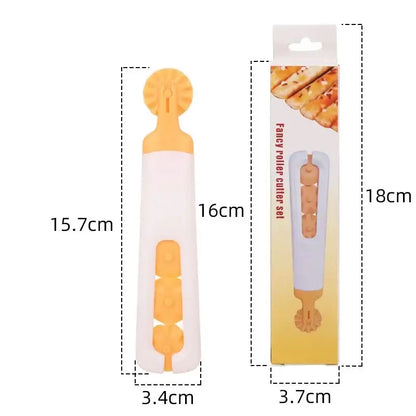 Yellow and white plastic decorbites dough roller cutter with round decorative head for pastry and kitchen use