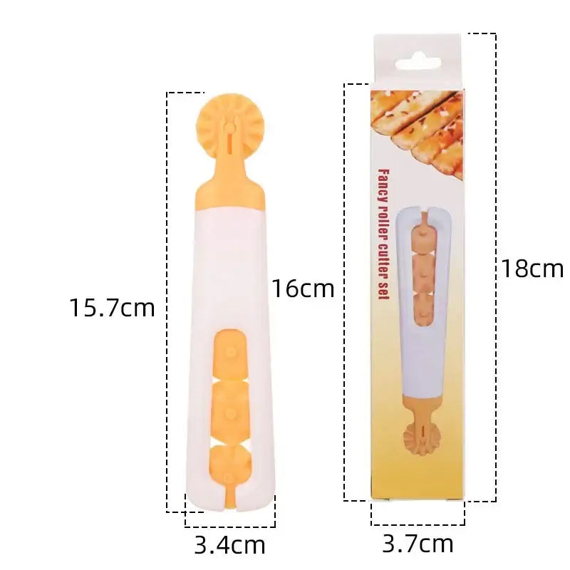 Yellow and white plastic decorbites dough roller cutter with round decorative head for pastry and kitchen use