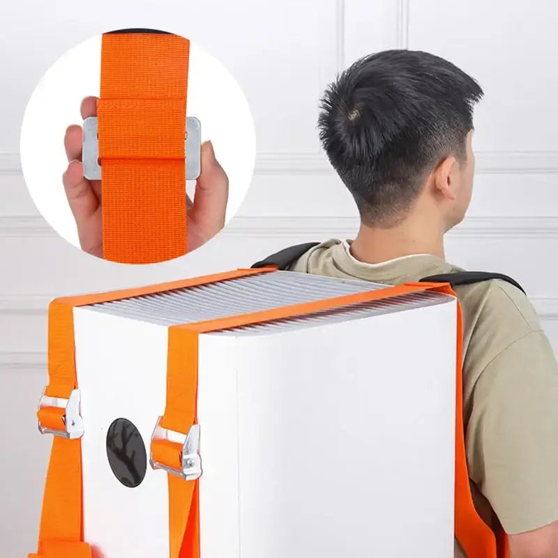 Orange webbing furniture lifting straps with silver metal buckles securing white box to person’s back for decorbites lifting straps