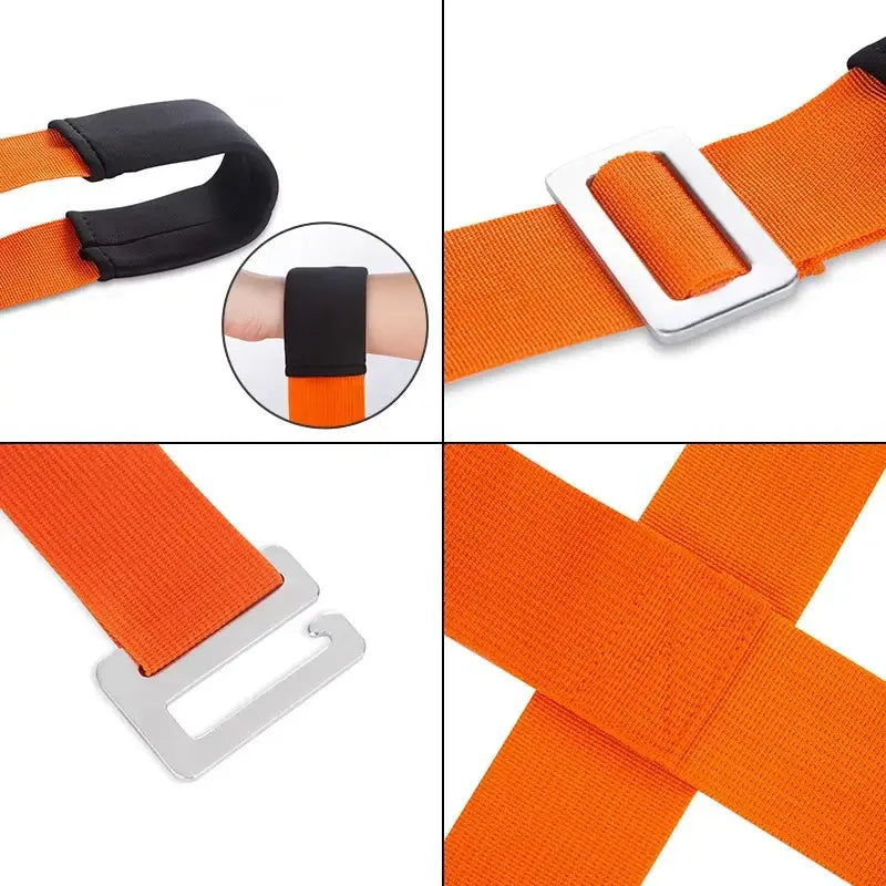Bright orange lifting straps with black padded handle and silver metal buckles for decorbites furniture lifting use