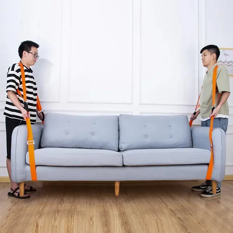 Light blue upholstered sofa with wooden legs secured by orange decorbites furniture lifting straps for moving