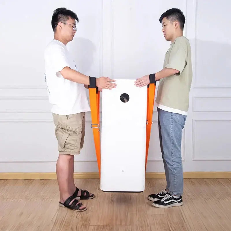 White rectangular xiaomi air purifier with orange carrying straps and circular front opening for decorbites furniture lifting straps