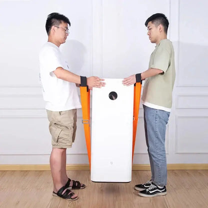 White Xiaomi air purifier with orange carrying lifting straps and circular control panel for decorbites furniture lifting straps