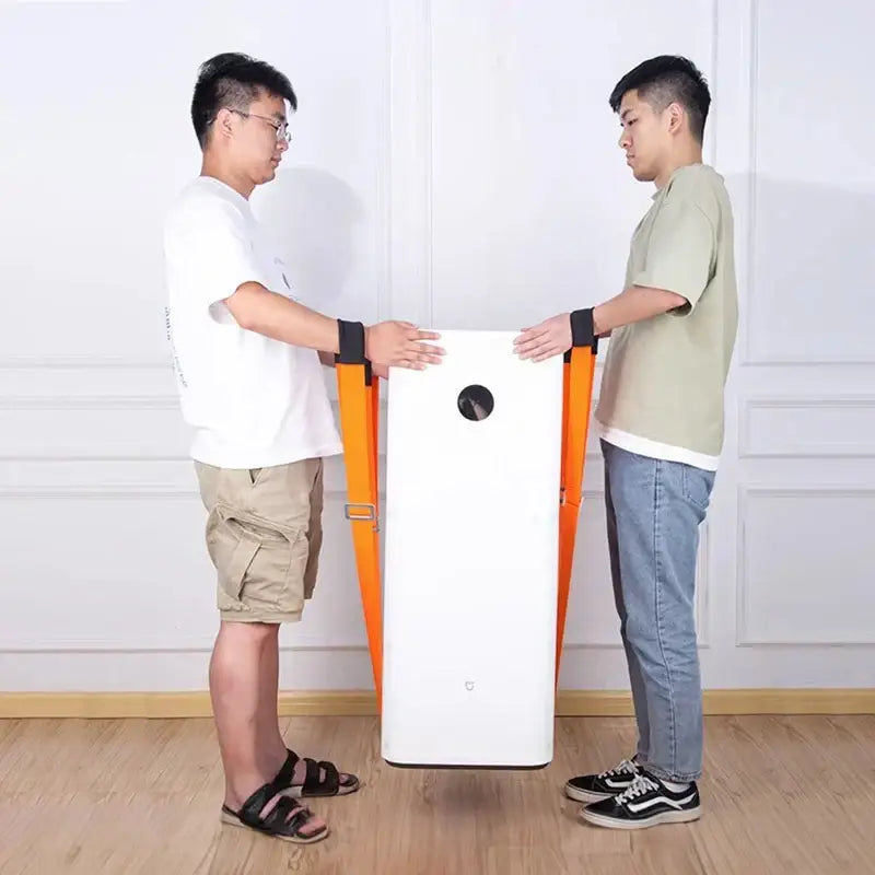 White Xiaomi air purifier with orange carrying lifting straps and circular control panel for decorbites furniture lifting straps