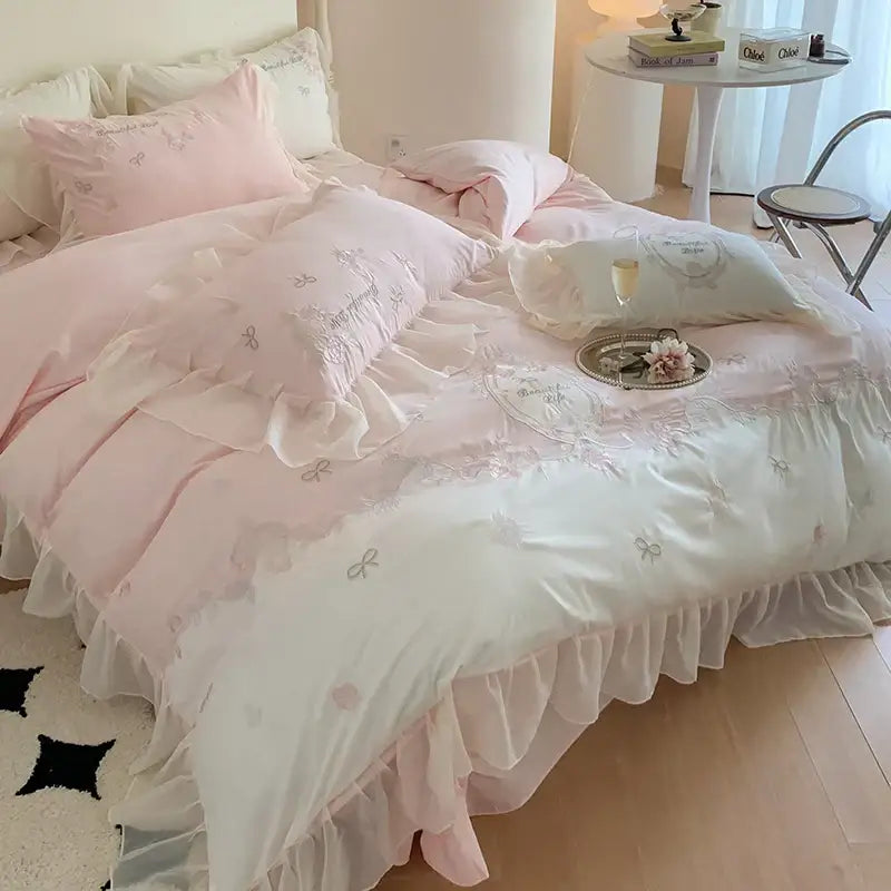 White and pink 4pcs flowers embroidery bedding set with ruffles and delicate bow embroidery for bedroom use