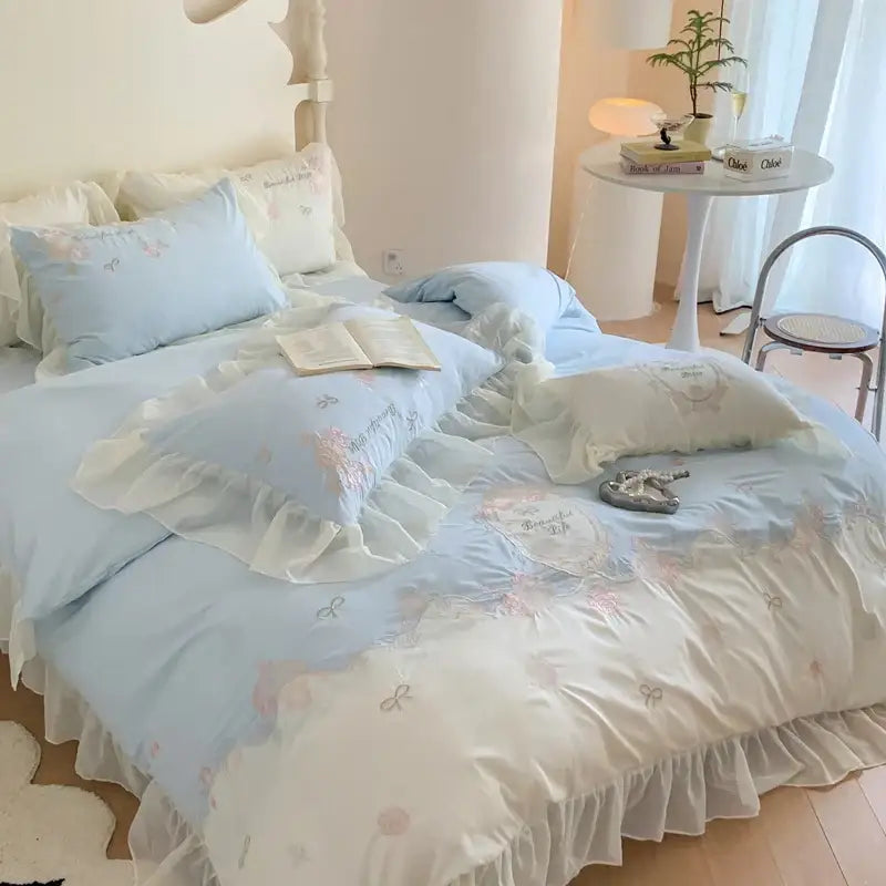 Pastel blue and white 4pcs flowers embroidery bedding set with delicate ruffles for bedroom decor