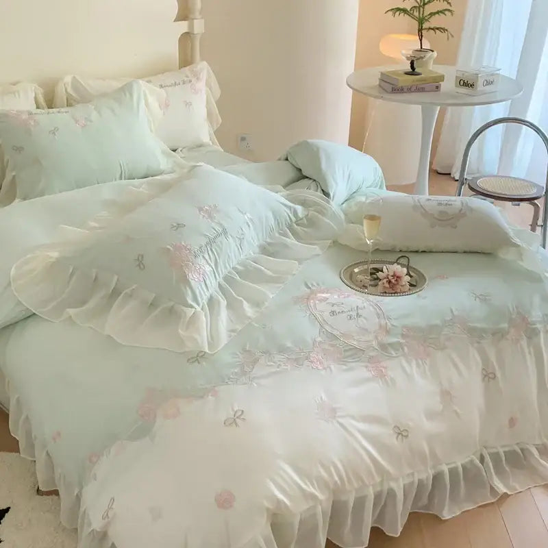 Pastel mint and white 4pcs flowers embroidery bedding set with delicate pink floral embroidery and ruffles