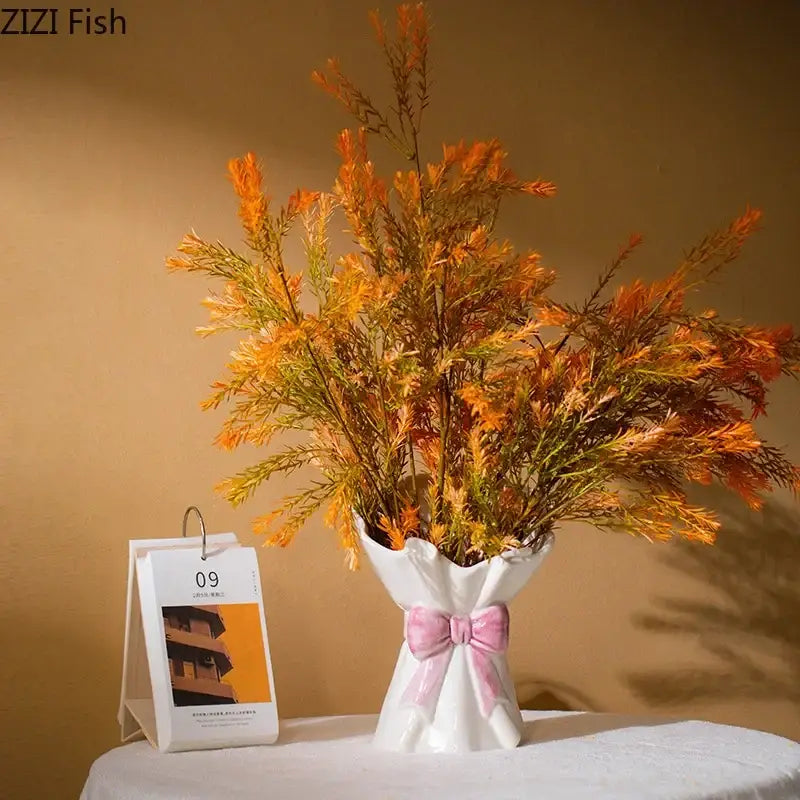White and pink decorbites bowknot ceramic vase with orange and green artificial foliage for living room decor