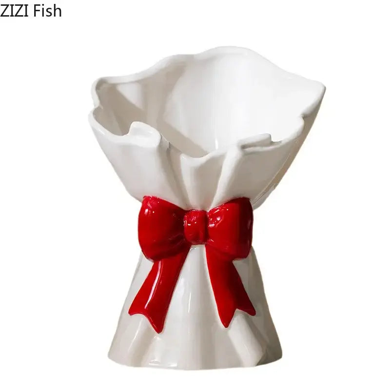 White and pink bowknot ceramic vase shaped like a wrapped bouquet with a glossy red bow for living room decorbites bowknot ceramic