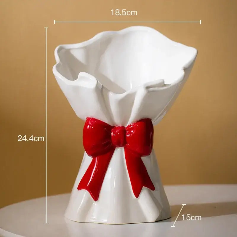 White and pink bowknot ceramic vase shaped like a wrapped bouquet with glossy red bow for living room decorbites bowknot decor