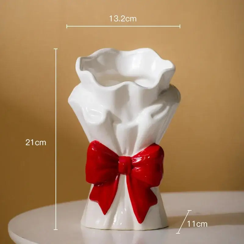 White ceramic bowknot ceramic vase with glossy red bow by decorbites ideal for living room dress decor