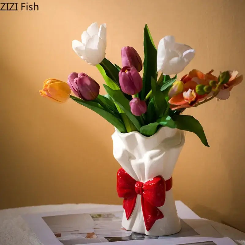 White and pink bowknot ceramic vase with glossy red bow for living room decorbites bowknot ceramic decor
