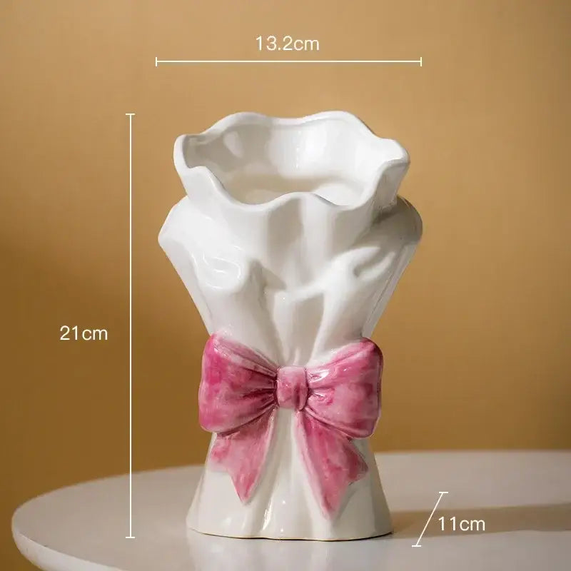 White and pink bowknot ceramic vase shaped like a wrapped bouquet for living room decor by decorbites bowknot ceramic