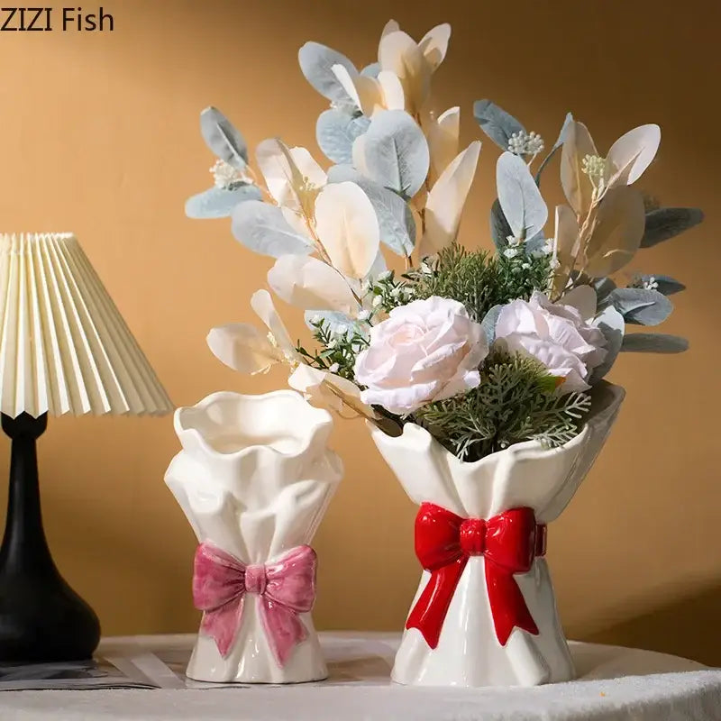 White and pink bowknot ceramic vases with pink and red bows designed as wrapped bouquets for living room decorbites bowknot ceramic decor