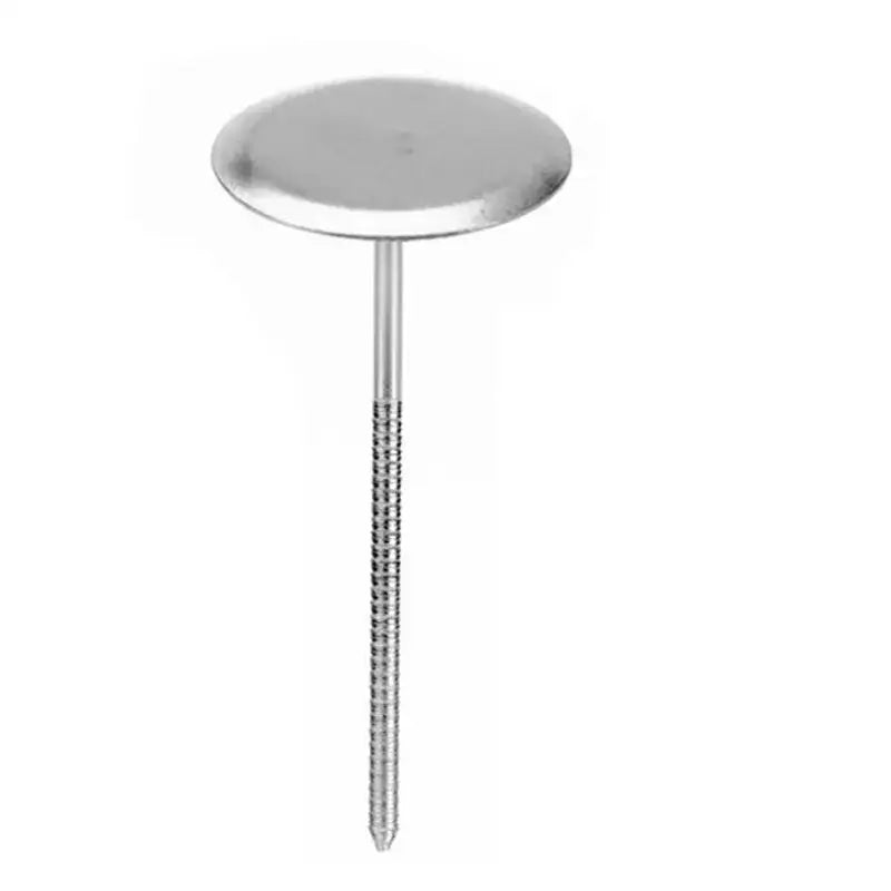 Silver-colored metal roofing nail with flat head and threaded shaft for use with decorbites cream flower scissors set