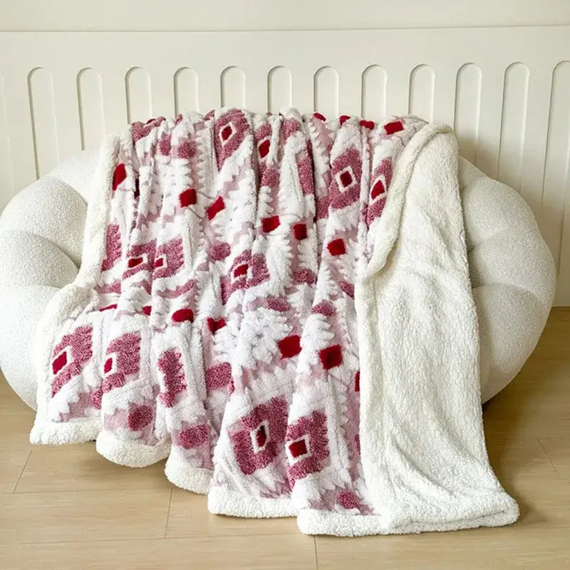 White and pink plush geometric jacquard taff velvet blanket with soft textured surface for bedroom decorbites use
