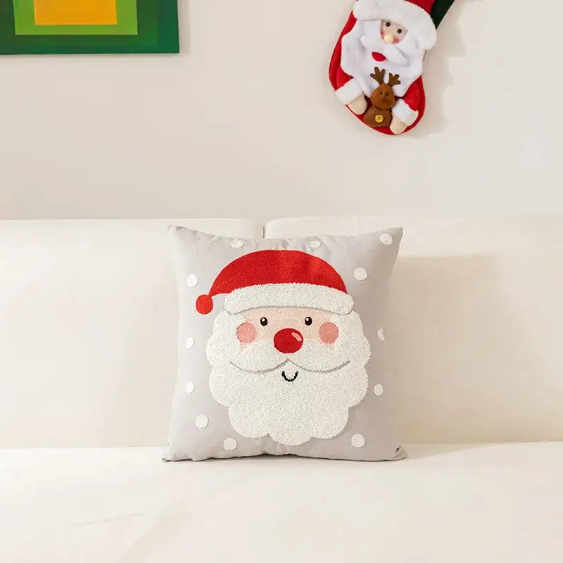 Gray christmas pillow featuring plush santa claus face with red hat and white beard for decorbites embroidered christmas cases