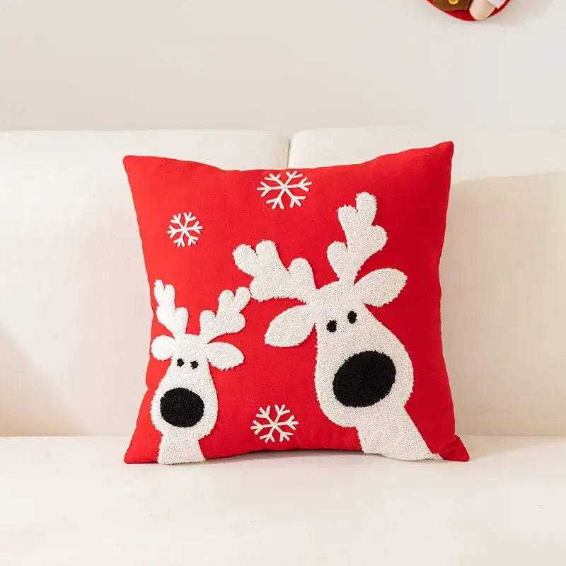 Red cushion with embroidered white reindeer and snowflakes as decorbites embroidered christmas pillow case for living room decor