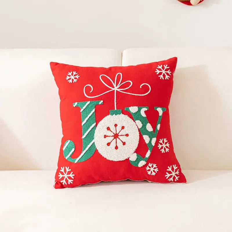 Red holiday throw pillow with embroidered joy and festive ornament design for decorbites embroidered christmas pillow cases