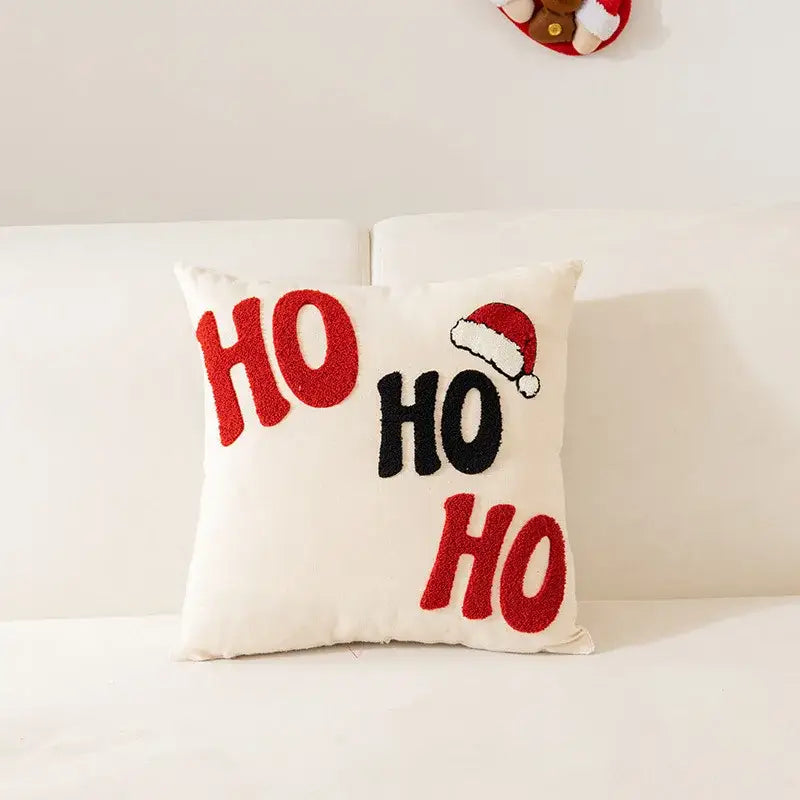 White and red decorbites embroidered christmas pillow with ho ho ho letters and santa hat appliqué for living room decor