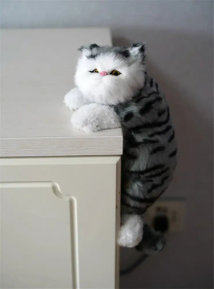 A plush gray and white tabby hanging cat plush doll with yellow eyes and pink nose for decorbites living room decor