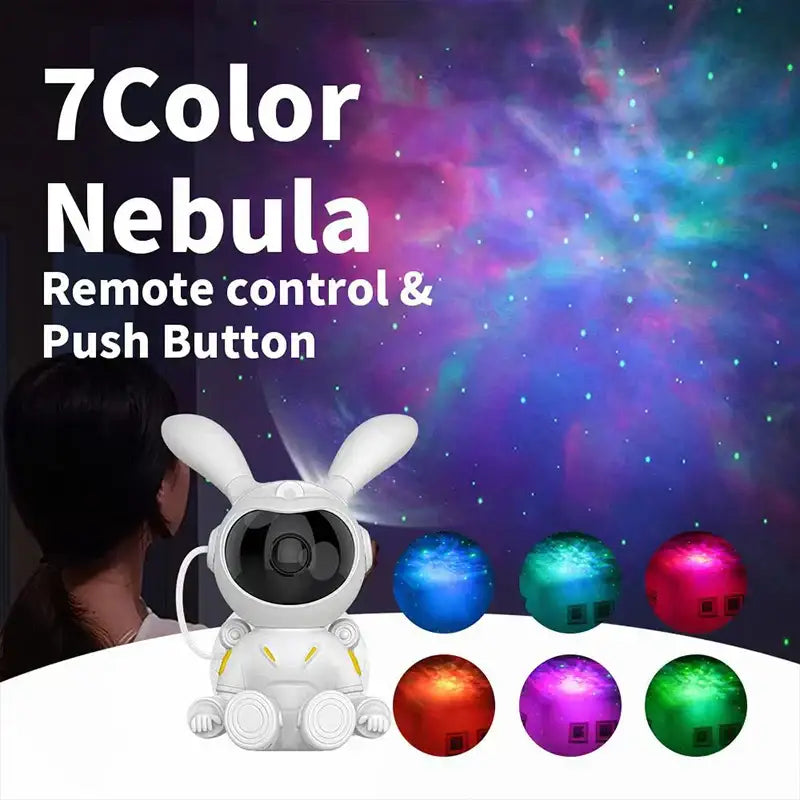 White rabbit-shaped 7-color nebula projector night light with remote for galaxy bunny astronaut bedroom decorbites decor