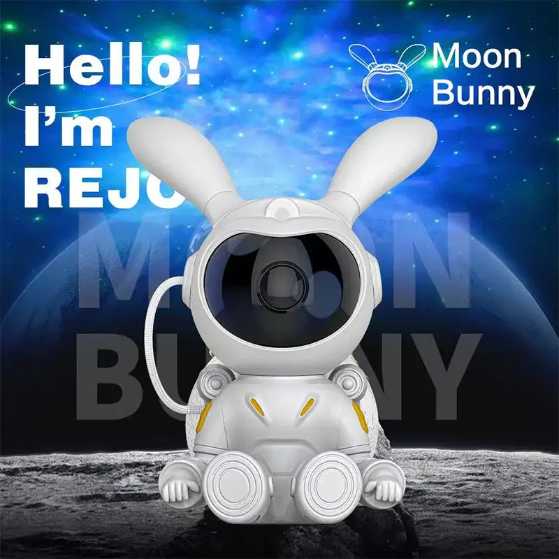 White and yellow galaxy bunny astronaut night light with black camera eye and yellow accents for bedroom decorbites decor