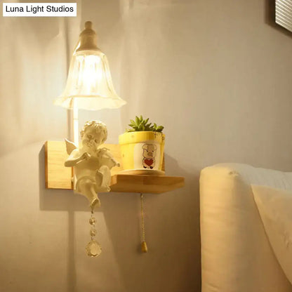 White angel ceramic bell shade wall sconce with crystal pendant for bedroom 220v-240v 110v-120v power options
