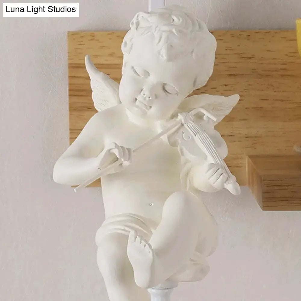 White ceramic cherub figurine playing violin on bell shade wall sconce for 220v-240v 110v-120v bedroom use