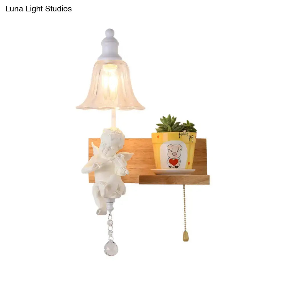 White angel ceramic bell shade wall sconce with crystal pendant wooden shelf available in 220v-240v 110v-120v