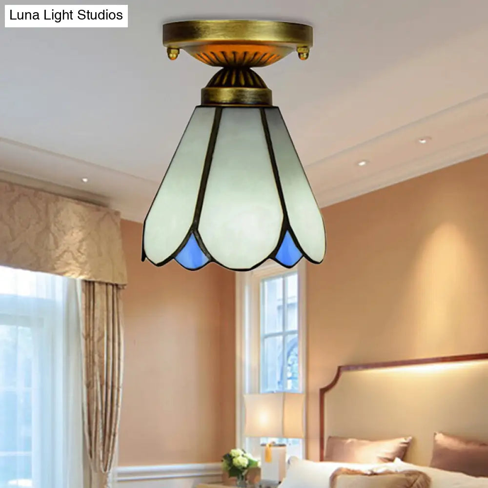 White Art Glass Conical Ceiling Light - Tiffany Style Kitchen Lamp