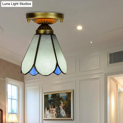 White Art Glass Conical Ceiling Light - Tiffany Style Kitchen Lamp