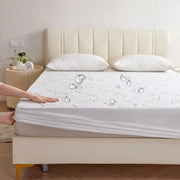 White bamboo jacquard waterproof fitted mattress cover with subtle pattern and elastic edge by decorbites bamboo jacquard