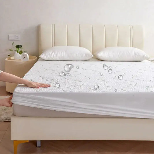 White bamboo jacquard waterproof fitted mattress cover with subtle pattern and elastic edge by decorbites bamboo jacquard