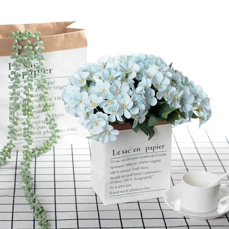 Light blue artificial hydrangea flower bouquet in white paper box with french text for living room decor silk flower bouquet