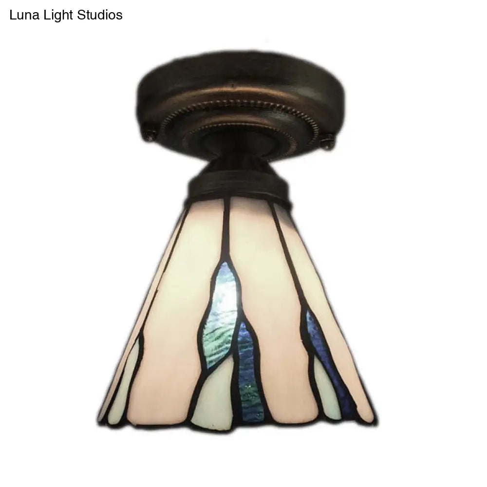 DecorBites™ DecorBites™ White/Beige/Blue-White Stained Glass Conical Flush Light - Tiffany 1-Light Ceiling Fixture for Bedroom Lighting