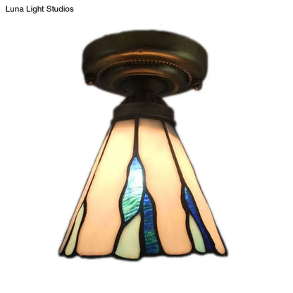 DecorBites™ DecorBites™ White/Beige/Blue-White Stained Glass Conical Flush Light - Tiffany 1-Light Ceiling Fixture for Bedroom Lighting