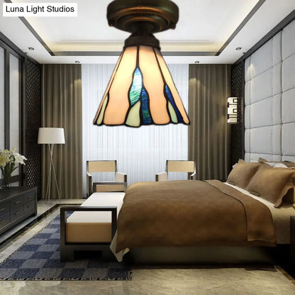 DecorBites™ DecorBites™ White/Beige/Blue-White Stained Glass Conical Flush Light - Tiffany 1-Light Ceiling Fixture for Bedroom Lighting
